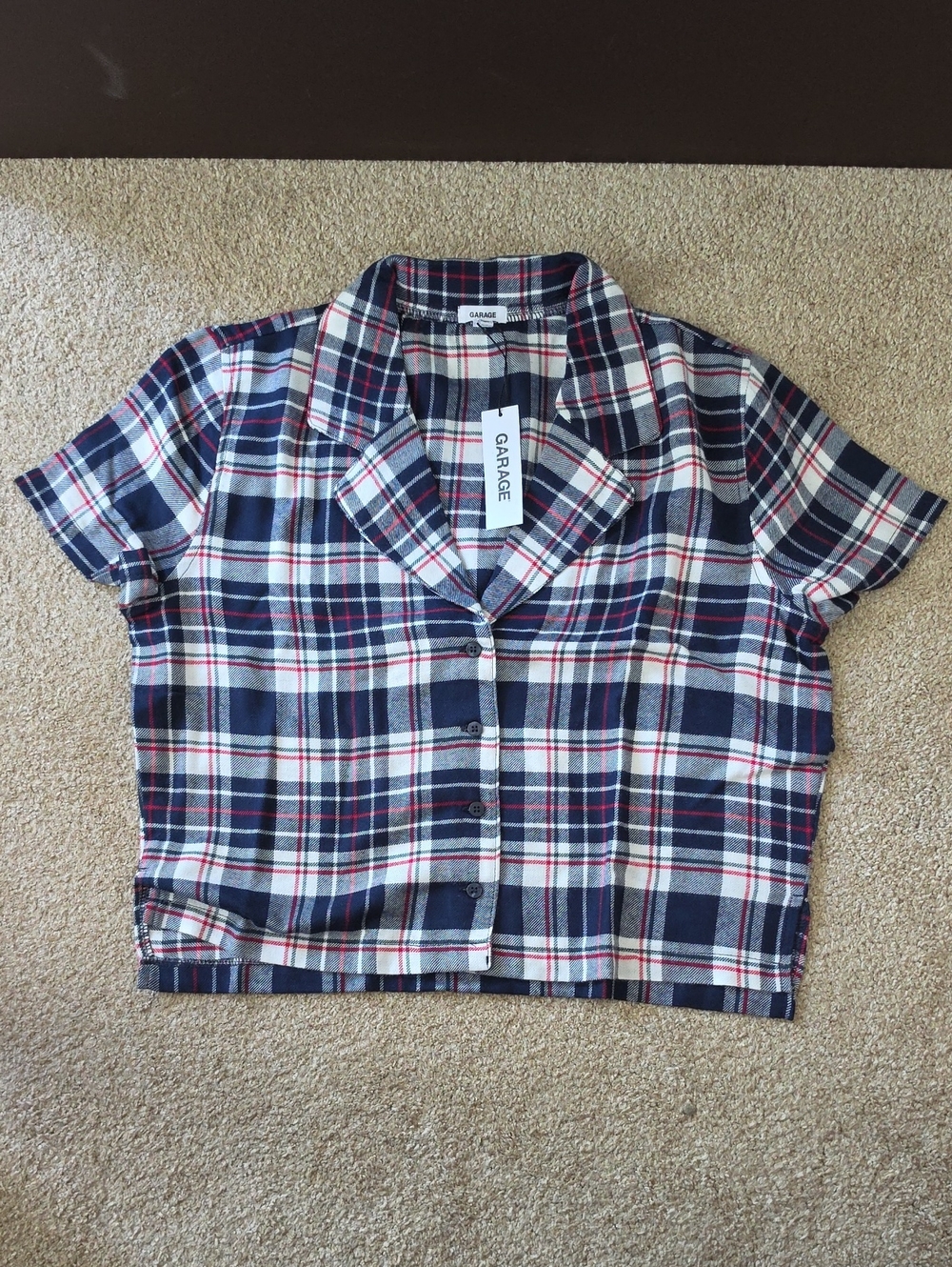 Garage Navy Red White Plaid Cropped Button-Up Top